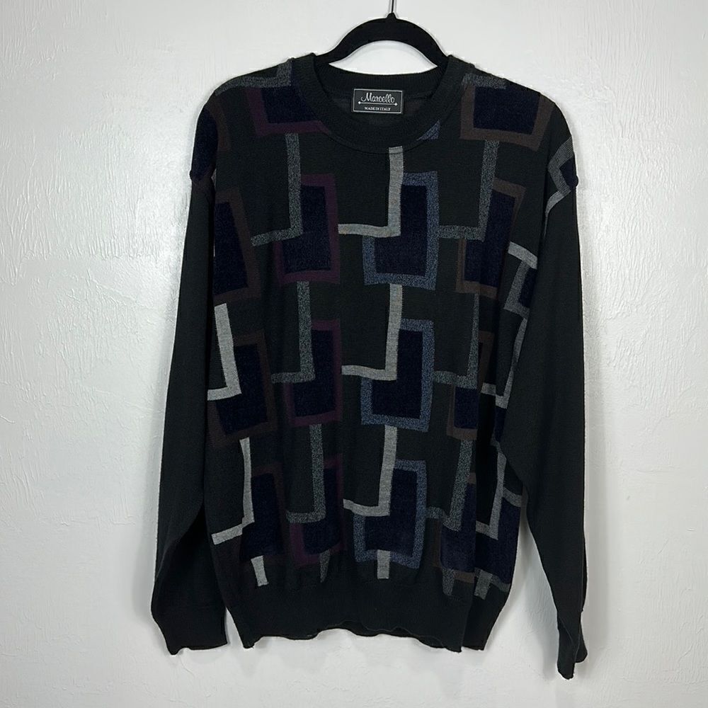 Marcello Italy Wool Blend Black Geo Print Crew Neck Pullover Sweater Size L